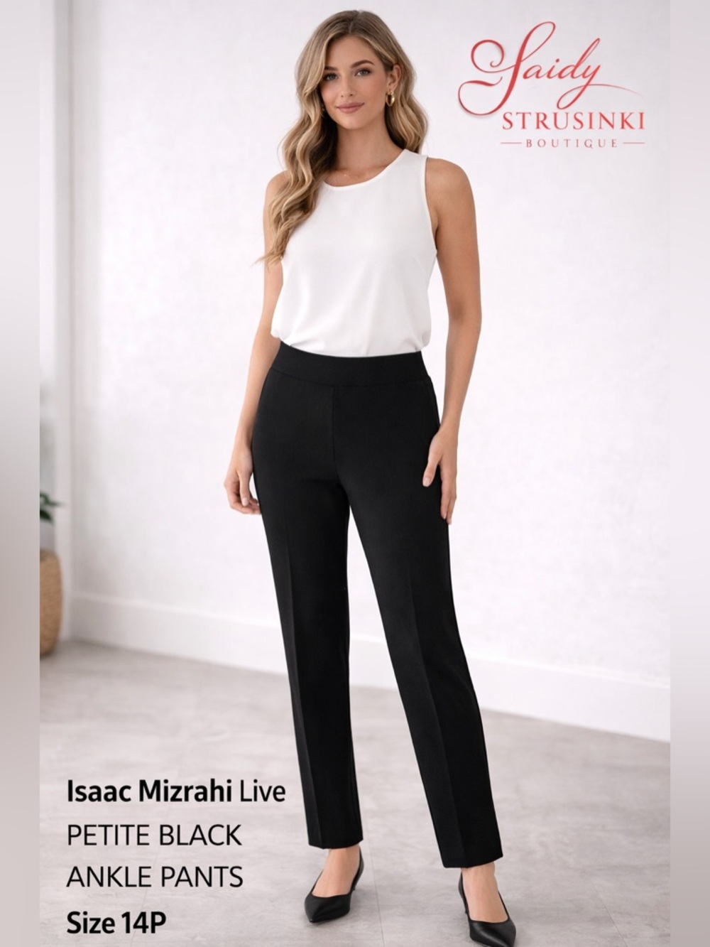 Isaac Mizrahi Live Black Pants Elastic Waist Stretch Ankle Size 14P Petite